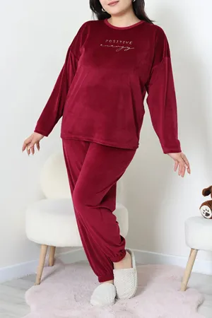 Kadın Fransız Kadife Büyük Beden Pijama Takımı Bordo