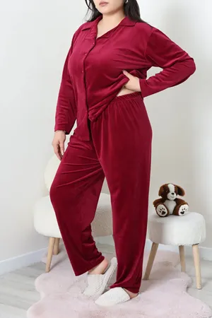 Kadın Fransız Kadife Büyük Beden Düğmeli Pijama Takımı Bordo