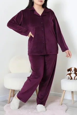 Kadın Fransız Kadife Büyük Beden Düğmeli Pijama Takımı Mor