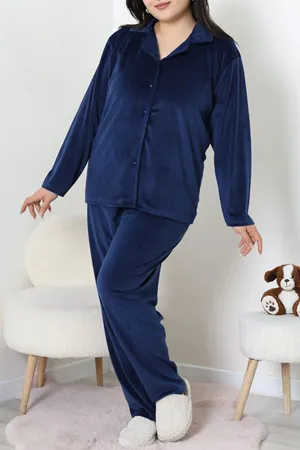 Kadın Fransız Kadife Büyük Beden Düğmeli Pijama Takımı Lacivert