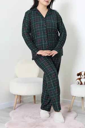 Kadın Süet Büyük Beden Düğmeli Pijama Takımı Zümrüt