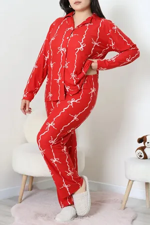 Kadın Süet Büyük Beden Düğmeli Pijama Takımı Kırmızı