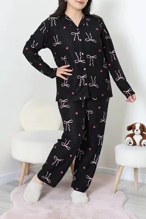 Kadın Büyük Beden Süet Düğmeli Pijama Takımı Siyahkurdele