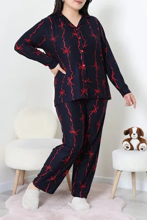 Kadın Süet Büyük Beden Düğmeli Pijama Takımı Lacivert