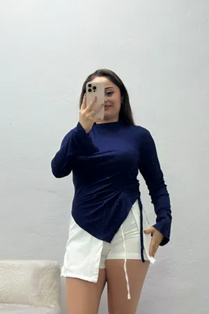 Kadın Bel Büzgülü Asimetrik Kesim Buzy Bluz Lacivert