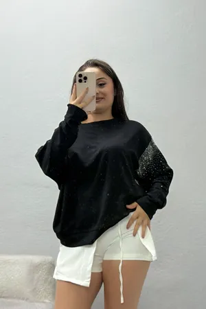 Kadın Kolları Taş Detay Modal Sweat Siyah
