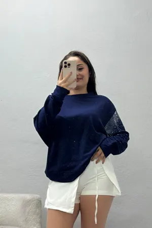 Kadın Kolları Taş Detay Modal Sweat Lacivert