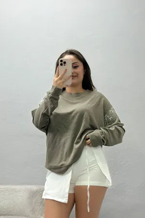 Kadın Kolları Taş Detay Modal Sweat Haki
