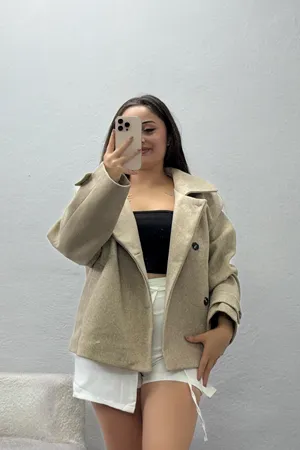 Kadın Oversize Dik Yaka Astarlı İthal Kaşe Kaban Bej