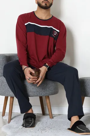 Süprem Baskılı Erkek Pijama Takımı Bordo