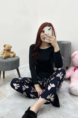 Kadın Desenli Süet Pijama Altı Lacivertpembe