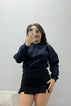 Kadın 3 İplik Kapşonlu Crop Sweat Lacivert