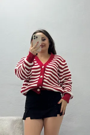 Kadın V Yaka Çizgili Hırka Kırmızıekru