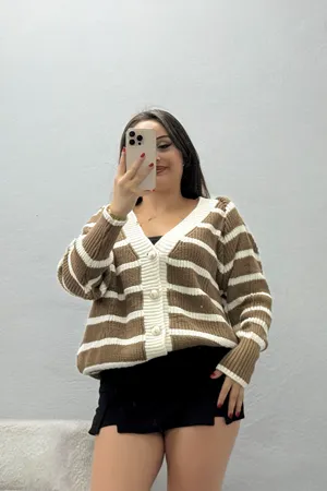 Kadın Çizgili Hırka Mochaekru