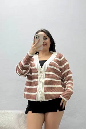 Kadın Çizgili Hırka Gül Kurusuekru