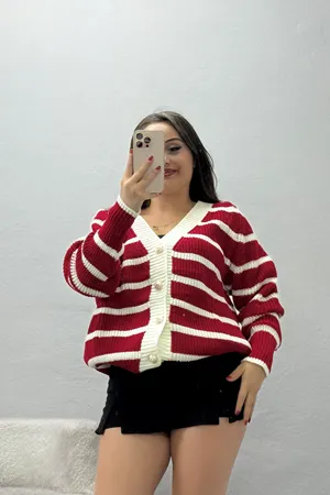Kadın Çizgili Hırka Kırmızıbeyaz