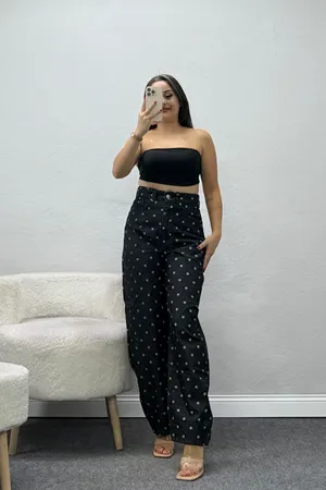 Kadın Puantiye Desenli Baggy Kot Pantolon Siyah