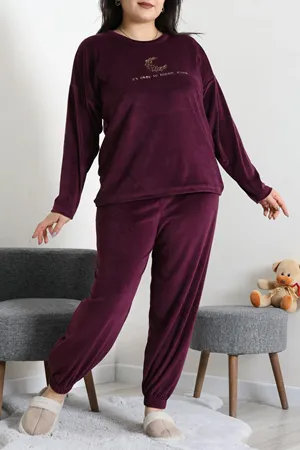 Kadın Fransız Kadife Büyük Beden Pijama Takımı Mor