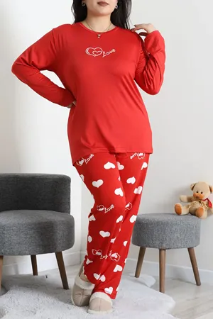 Kadın Milan Büyük Beden Baskılı Pijama Takımı Kırmızı