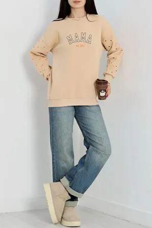Kadın 3 İplik Bisiklet Yaka Sweat Bej Model TV-12726