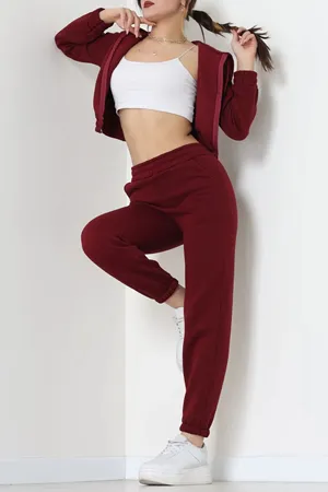 Kadın 3 İplik Crop Eşofman Takımı Bordo
