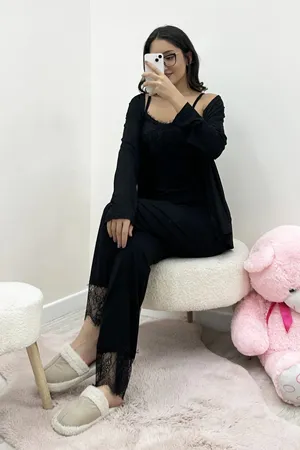 Kadın Viskon Dantelli 3'Lü Pijama Seti Siyah