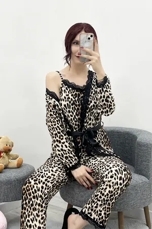 Kadın Süet 3'Lü Pijama Set Leopar