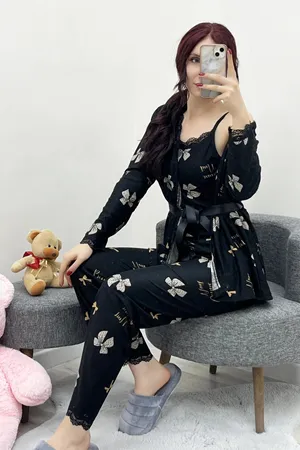 Kadın Süet 3'Lü Pijama Set Siyahbej