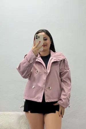 Kadın Dik Yaka Astarlı Trençkot Pudra