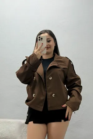 Kadın Dik Yaka Astarlı Trençkot Kahve