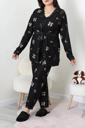 Kadın Süet Büyük Beden 3'Lü Pijama Seti Siyahbej