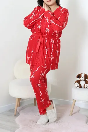 Kadın Süet Büyük Beden 3'Lü Pijama Seti Kırmızıkurdele