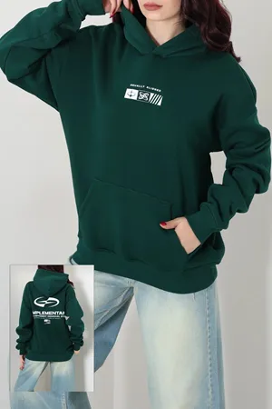 Kadın Kapşonlu 3 İplik Şardonlu Sweat Yeşil