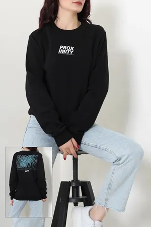 Kadın Baskılı Şardonlu Sweat Siyah