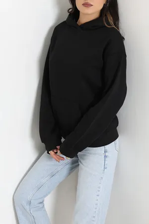 Kadın Kapşonlu 3 İplik Şardonlu Sweat Siyah