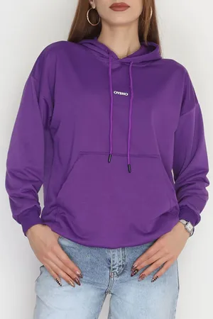 Kadın 2 İplik Kapşonlu Baskılı Sweatshirt Mor