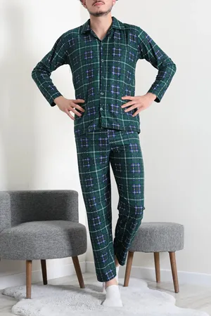 Düğmeli Süet Erkek Pijama Takımı Zümrüt