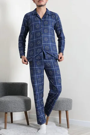 Düğmeli Süet Erkek Pijama Takımı Mavi