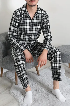 Düğmeli Süet Erkek Pijama Takımı Siyah