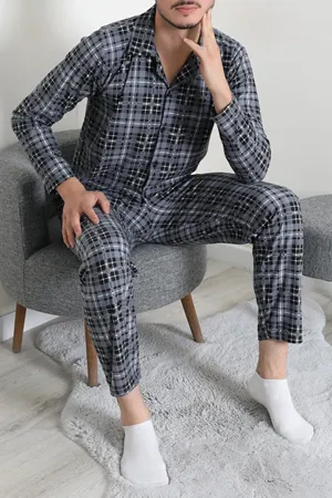 Düğmeli Süet Erkek Pijama Takımı Gri