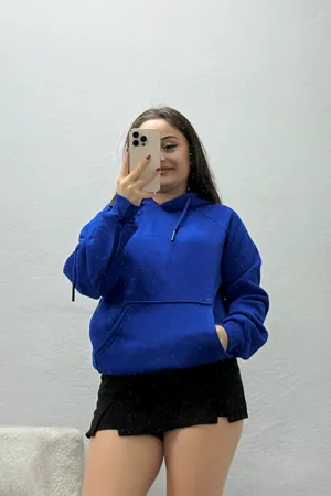 Kadın 3 İplik Kanguru Cepli Kapşonlu Sweat Saks