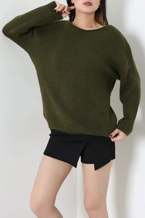 Kadın Düşük Kol Oversize Triko Kazak Haki