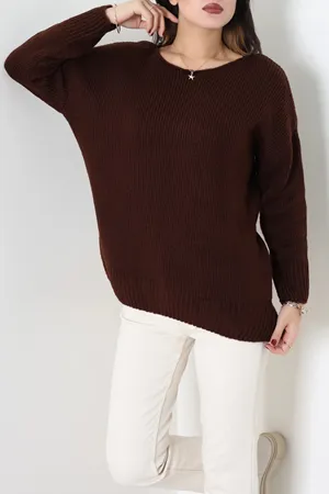 Kadın Düşük Kol Oversize Triko Kazak Kahve