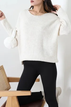 Kadın Düşük Kol Oversize Triko Kazak Krem