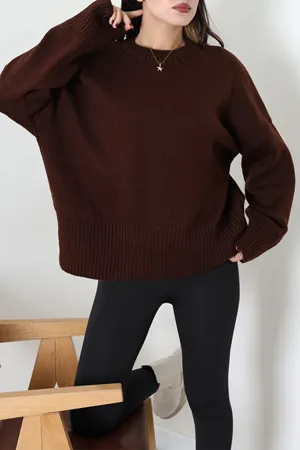 Kadın Düşük Kol Oversize Triko Kazak Kahve Model TV-90706