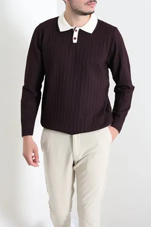 Yaka Garnili Erkek Triko Sweat Mürdüm