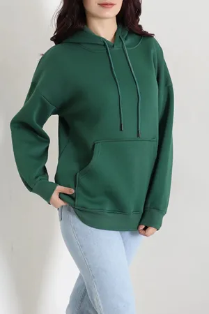 Kadın 3 İplik Kanguru Cepli Sweat Zümrüt