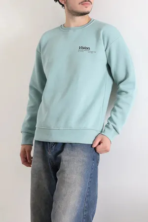 Bisiklet Yaka Baskılı Şardonlu 3 İplik Erkek Sweat Suyeşili