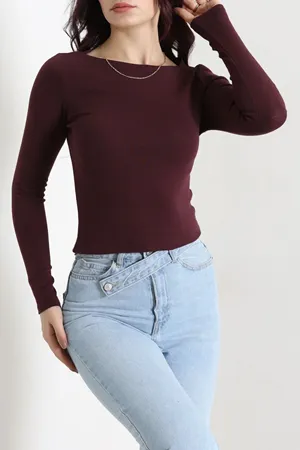 Kadın Kayık Yaka Ribana Basic Body Mürdüm