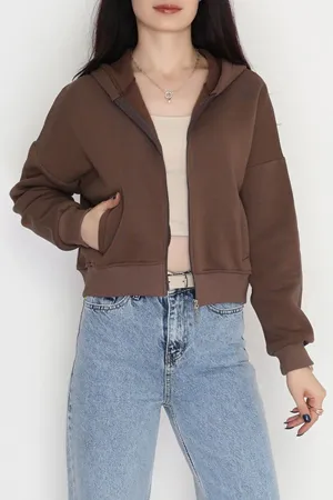 Kadın 3 İplik Kompakt Oversize Fleto Cepli Sweat Kahve